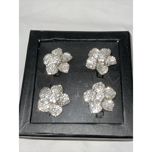 NEW TAHARI HOME RHINESTONE NAPKIN RING SET FLOWER Crystal Silver Jeweled - Picture 5 of 6